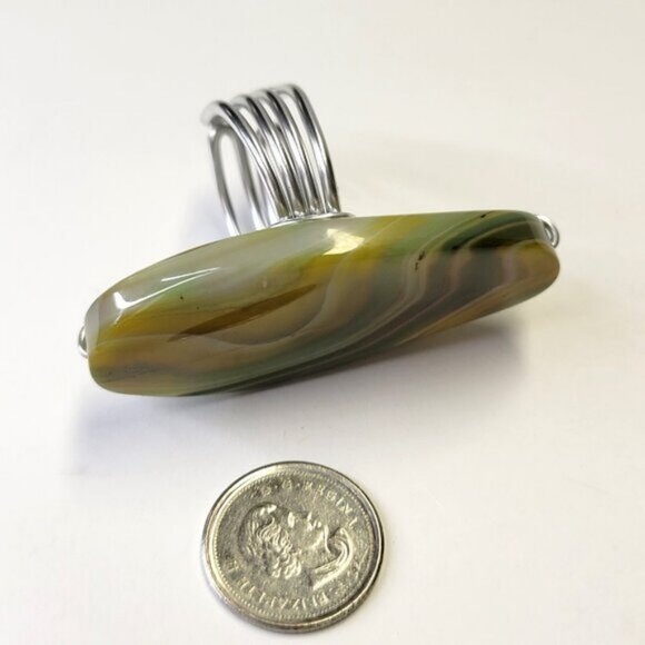Yellow Green Agate Ring Adjustable Band Handmade Semi Precious Ring - Picture 4 of 9